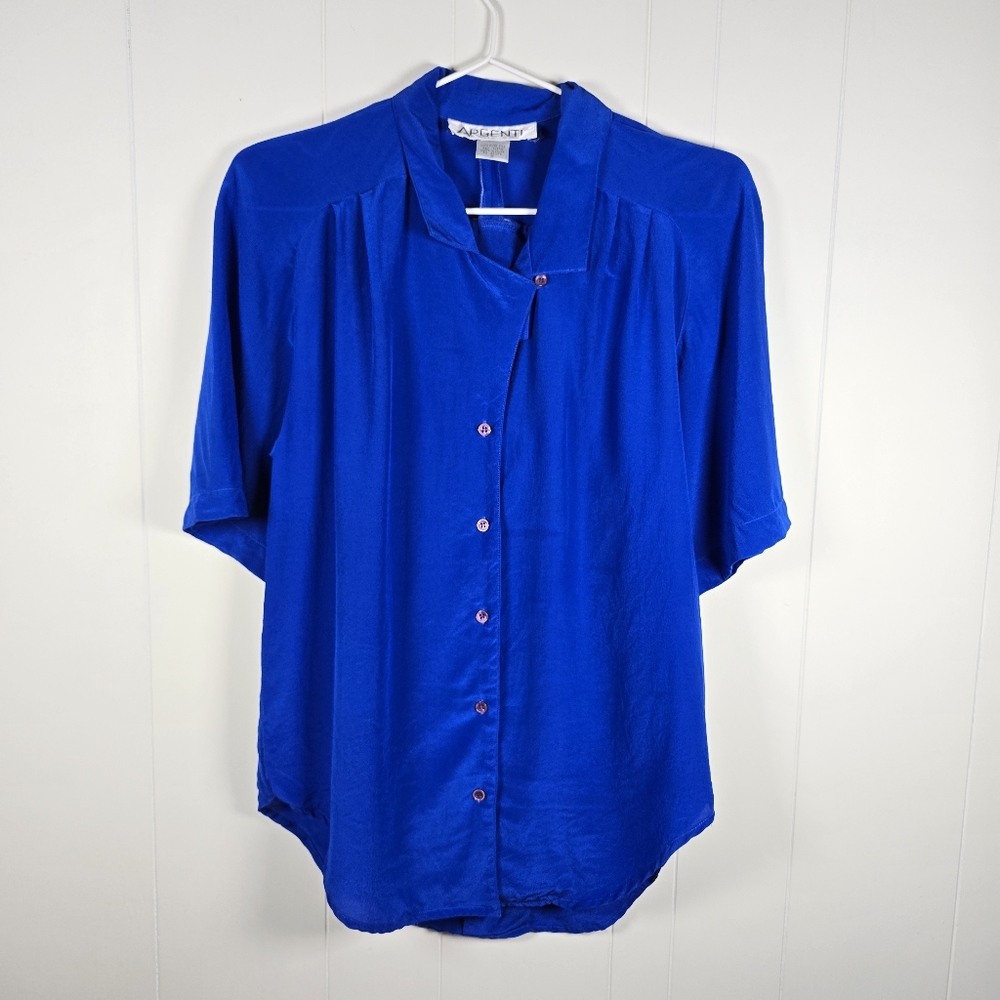Argenti Blue Silk Button Down Blouse Size 6